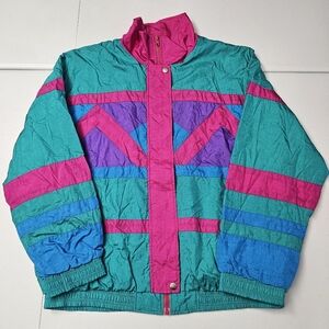 VTG SLADE Women's Windbreaker Jacket Size Medium Nylon Bright Colors Slick
